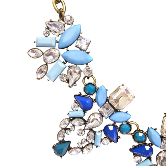 Rhinestone Station Statement Necklace With Blue Stones In Dark Brassy Gold Tone - Picture 3 of 8